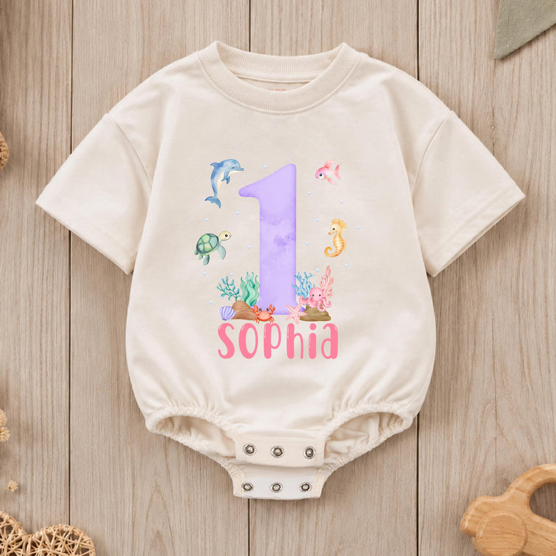 Custom Ocean-Themed Baby Romper with Sea Animals, Soft Cotton Short Sleeve Outfit for Girls, First Birthday Party or Milestone Photos
