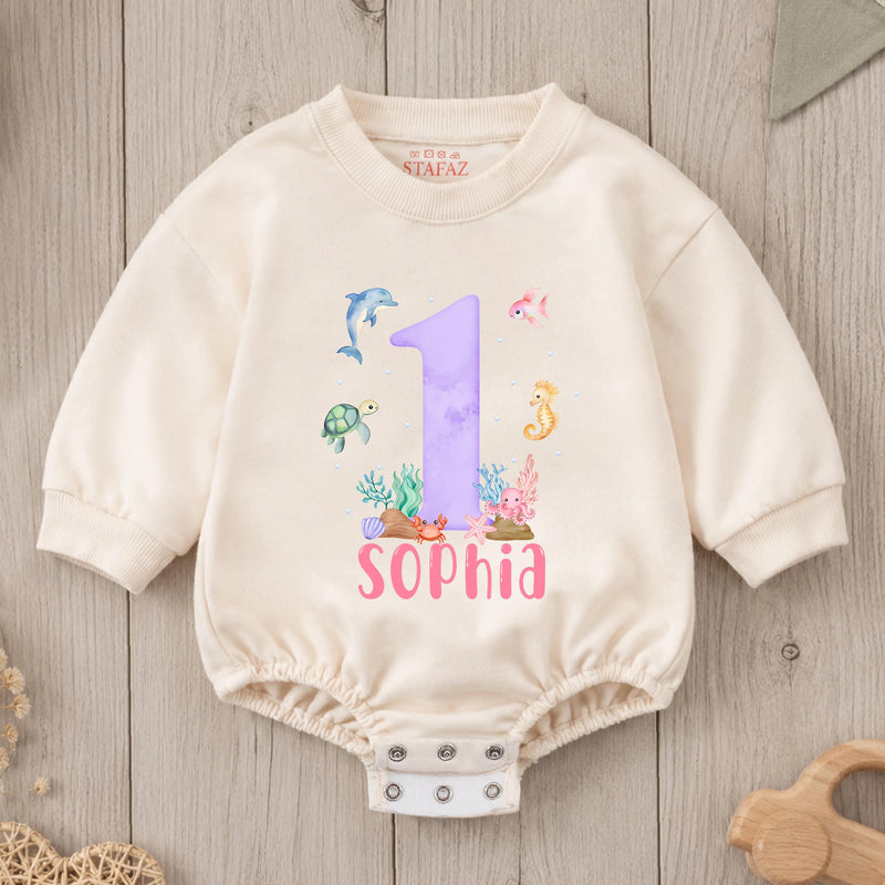 Custom Ocean-Themed Baby Romper with Sea Animals, Soft Cotton Short Sleeve Outfit for Girls, First Birthday Party or Milestone Photos