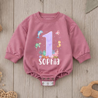 Custom Ocean-Themed Baby Romper with Sea Animals, Soft Cotton Short Sleeve Outfit for Girls, First Birthday Party or Milestone Photos
