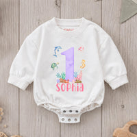 Custom Ocean-Themed Baby Romper with Sea Animals, Soft Cotton Short Sleeve Outfit for Girls, First Birthday Party or Milestone Photos
