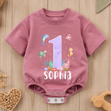 Custom Ocean-Themed Baby Romper with Sea Animals, Soft Cotton Short Sleeve Outfit for Girls, First Birthday Party or Milestone Photos