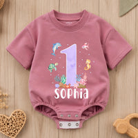 Custom Ocean-Themed Baby Romper with Sea Animals, Soft Cotton Short Sleeve Outfit for Girls, First Birthday Party or Milestone Photos