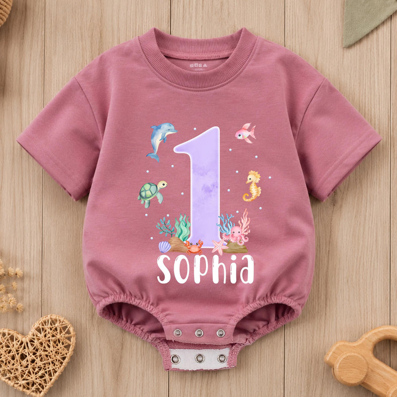 Custom Ocean-Themed Baby Romper with Sea Animals, Soft Cotton Short Sleeve Outfit for Girls, First Birthday Party or Milestone Photos
