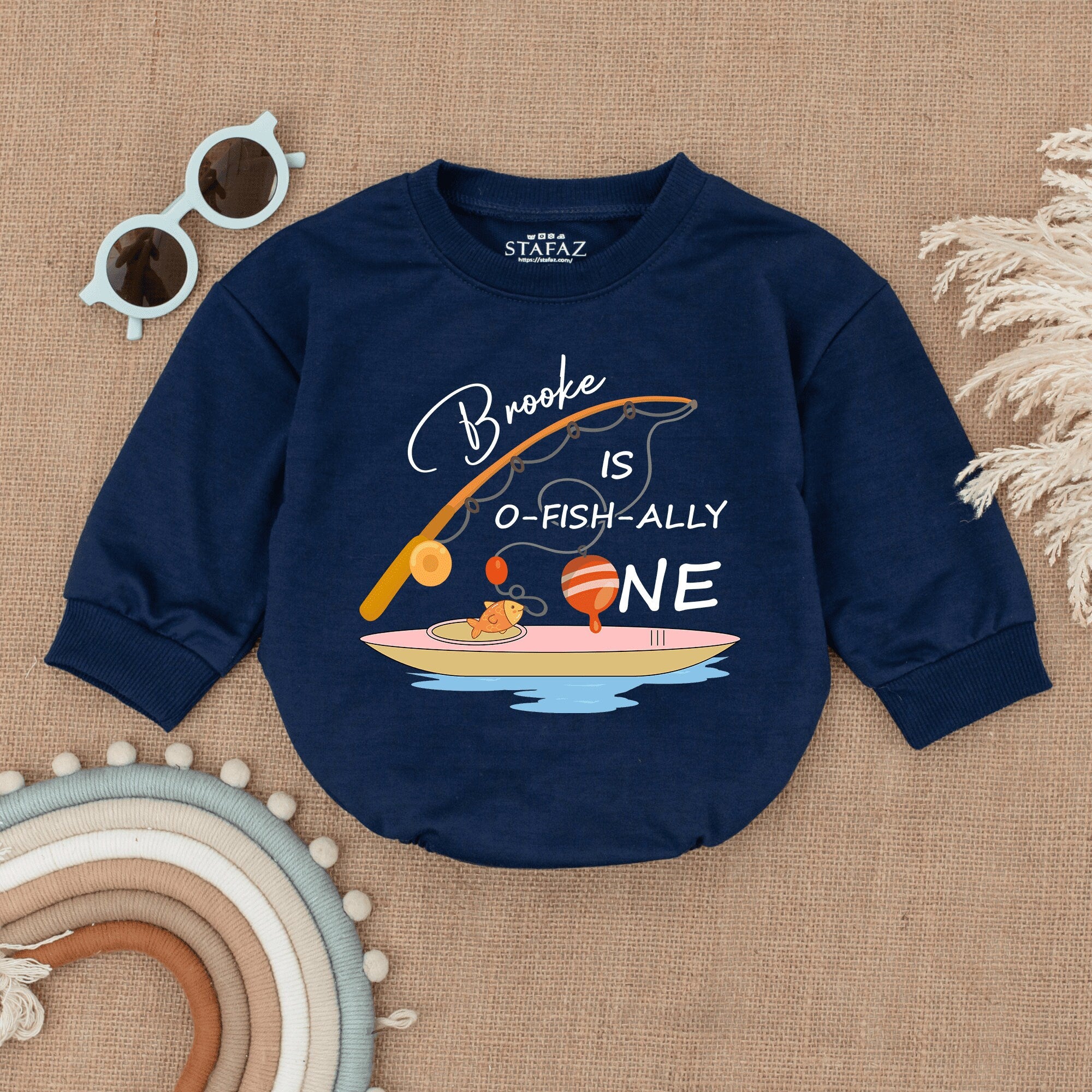 Custom Ofishally One Birthday Romper with Fishing Rod Graphic Baby Girl Outfit Soft Cotton Vibrant Orange Blue Design First Celebration