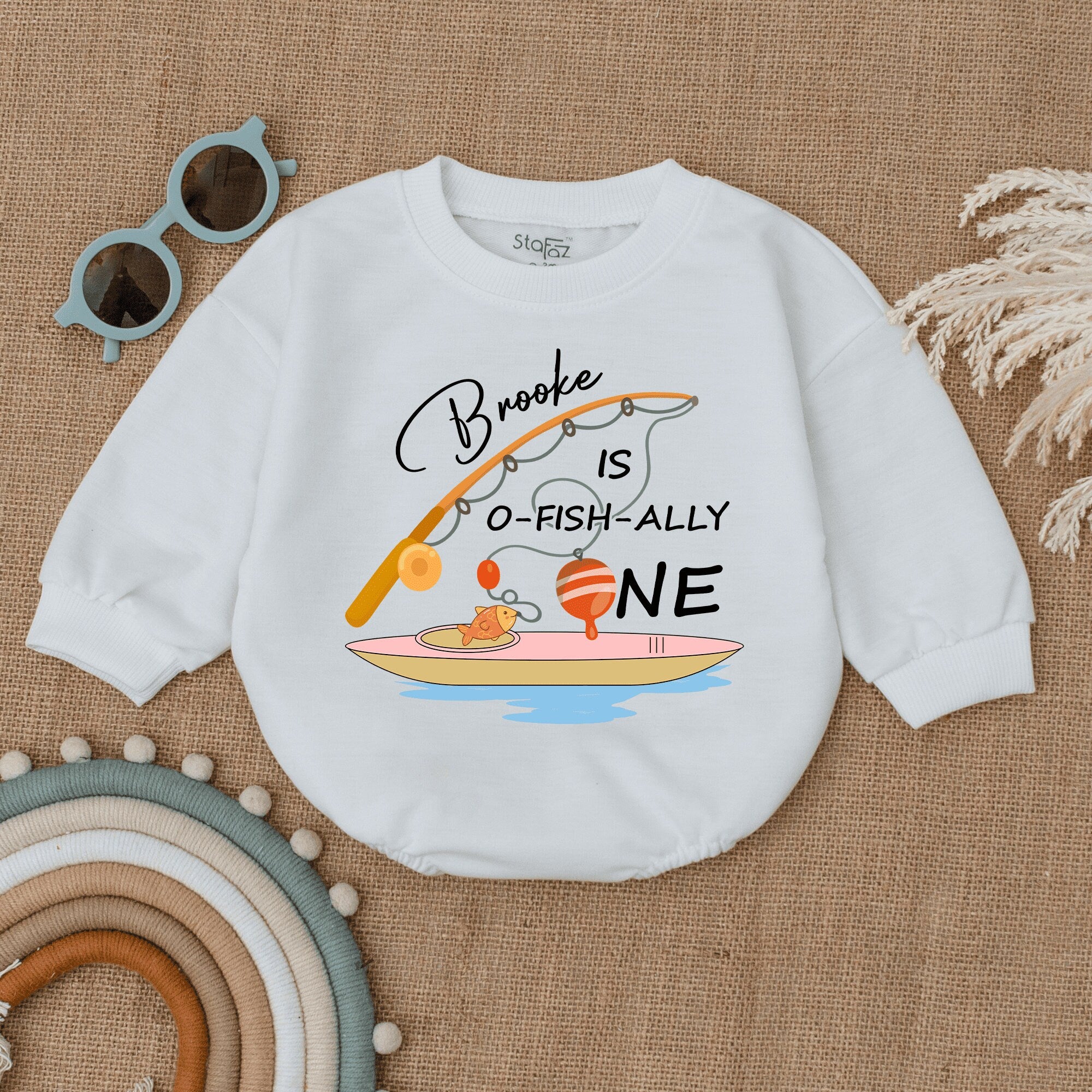 Custom Ofishally One Birthday Romper with Fishing Rod Graphic Baby Girl Outfit Soft Cotton Vibrant Orange Blue Design First Celebration