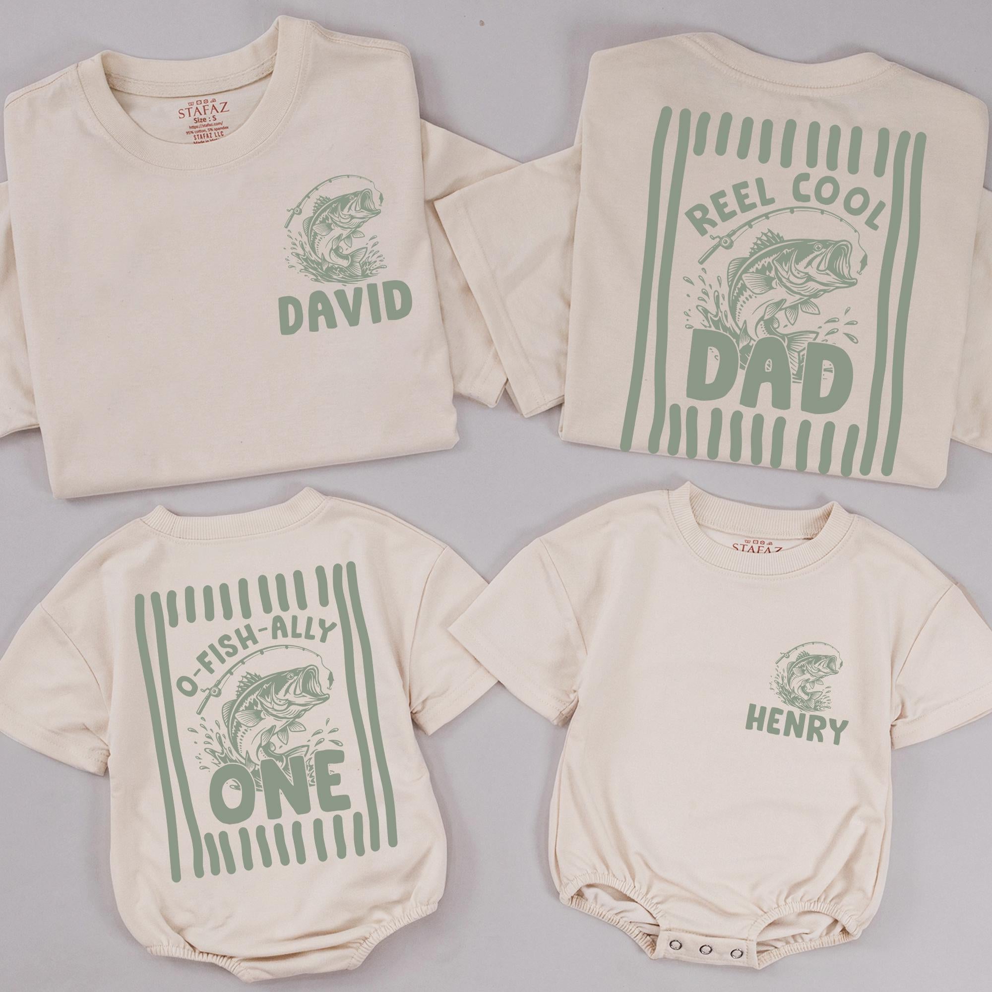 Custom Oh-Fish-Ally One Birthday Shirts for Babies and Adults, Sage Green Fishing Theme Matching Family Outfits Reel Cool Dad Tees