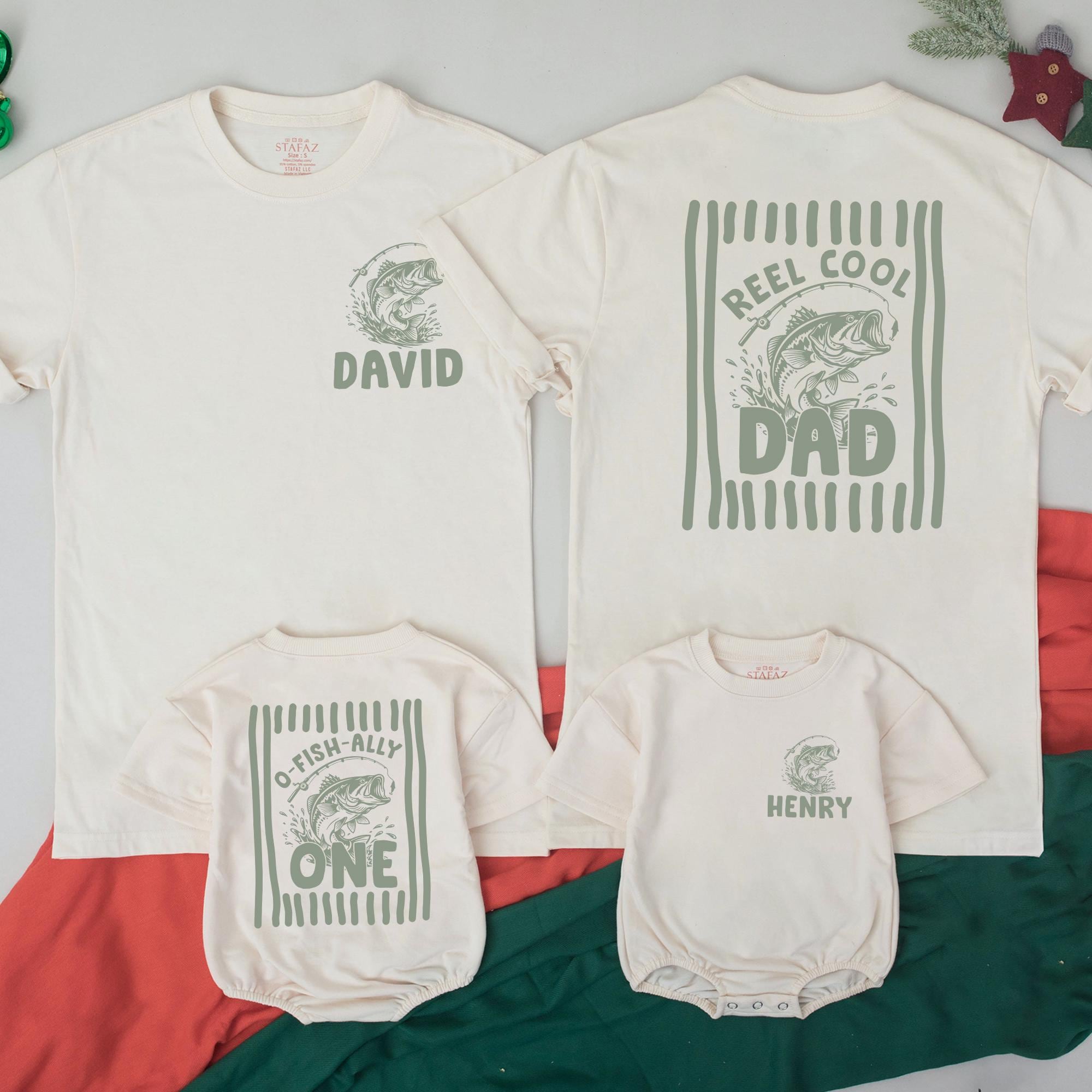 Custom Oh-Fish-Ally One Birthday Shirts for Babies and Adults, Sage Green Fishing Theme Matching Family Outfits Reel Cool Dad Tees