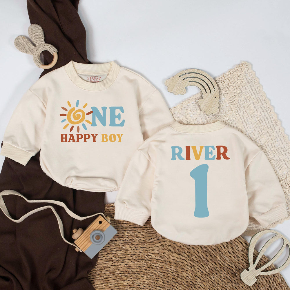 Custom One Happy Boy Birthday Romper with Sun Graphic Retro First Birthday Outfit Baby Toddler Sunshine Theme Gift Cotton Comfortable