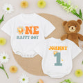 Custom One Happy Boy Sunshine Birthday Romper Baby Clothes Retro Design Orange Teal Yellow Sun Motif First Party Outfit Cotton Soft
