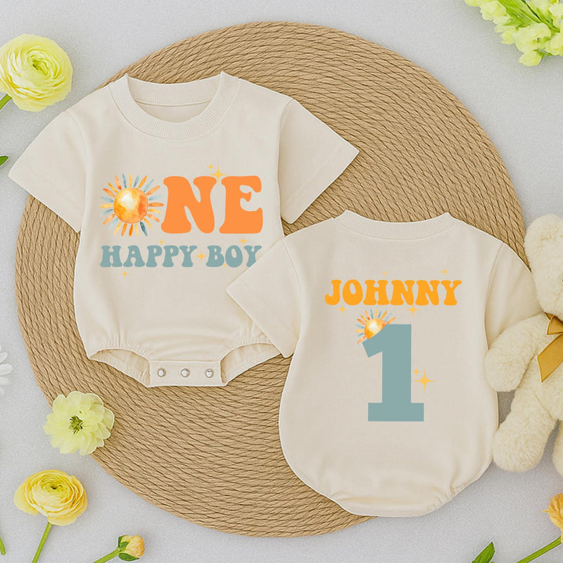 Custom One Happy Boy Sunshine Birthday Romper Baby Clothes Retro Design Orange Teal Yellow Sun Motif First Party Outfit Cotton Soft