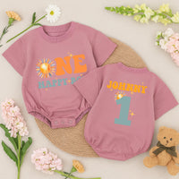 Custom One Happy Boy Sunshine Birthday Romper Baby Clothes Retro Design Orange Teal Yellow Sun Motif First Party Outfit Cotton Soft