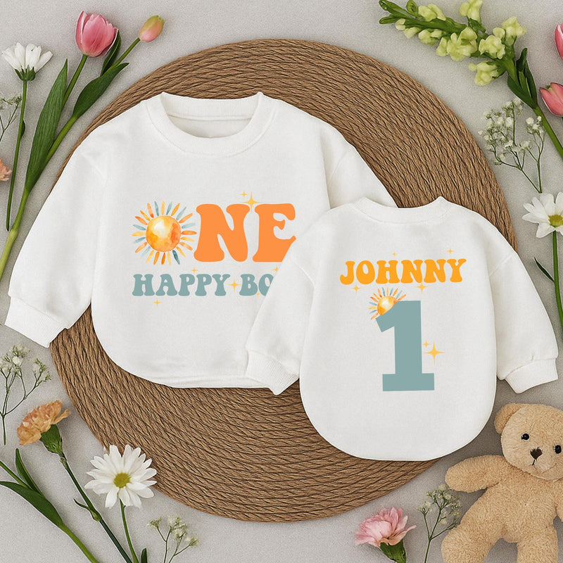 Custom One Happy Boy Sunshine Birthday Romper Baby Clothes Retro Design Orange Teal Yellow Sun Motif First Party Outfit Cotton Soft