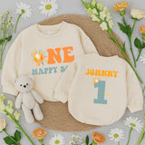 Custom One Happy Boy Sunshine Birthday Romper Baby Clothes Retro Design Orange Teal Yellow Sun Motif First Party Outfit Cotton Soft