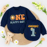 Custom One Happy Boy Sunshine Birthday Romper Baby Clothes Retro Design Orange Teal Yellow Sun Motif First Party Outfit Cotton Soft
