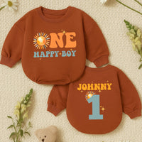 Custom One Happy Boy Sunshine Birthday Romper Baby Clothes Retro Design Orange Teal Yellow Sun Motif First Party Outfit Cotton Soft