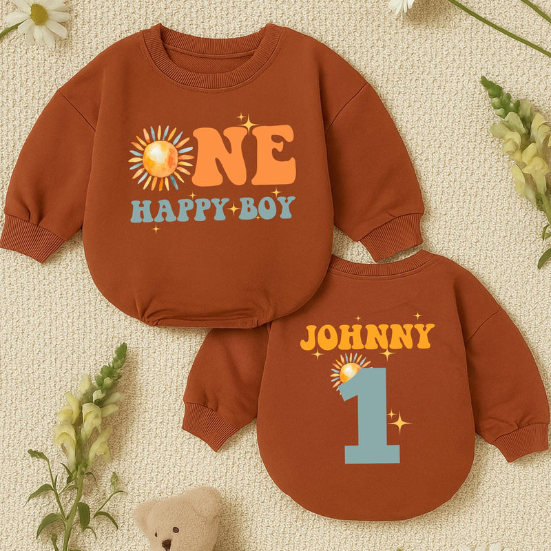 Custom One Happy Boy Sunshine Birthday Romper Baby Clothes Retro Design Orange Teal Yellow Sun Motif First Party Outfit Cotton Soft