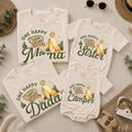 Custom One Happy Camper Family Shirts with Tent Design, Baby Romper, Kids' Tee, Adult T-Shirt for First Birthday or Outdoor Events