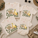 Custom One Happy Camper Family Shirts with Tent Design, Baby Romper, Kids' Tee, Adult T-Shirt for First Birthday or Outdoor Events