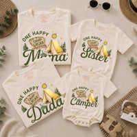 Custom One Happy Camper Family Shirts with Tent Design, Baby Romper, Kids' Tee, Adult T-Shirt for First Birthday or Outdoor Events
