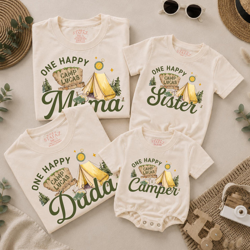 Custom One Happy Camper Family Shirts with Tent Design, Baby Romper, Kids' Tee, Adult T-Shirt for First Birthday or Outdoor Events