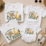 Custom One Happy Camper Family Shirts with Tent Design, Baby Romper, Kids' Tee, Adult T-Shirt for First Birthday or Outdoor Events