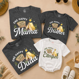 Custom One Happy Camper Family Shirts with Tent Design, Baby Romper, Kids' Tee, Adult T-Shirt for First Birthday or Outdoor Events