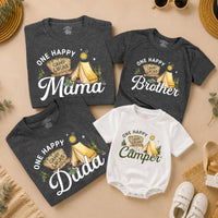 Custom One Happy Camper Family Shirts with Tent Design, Baby Romper, Kids' Tee, Adult T-Shirt for First Birthday or Outdoor Events