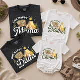 Custom One Happy Camper Family Shirts with Tent Design, Baby Romper, Kids' Tee, Adult T-Shirt for First Birthday or Outdoor Events