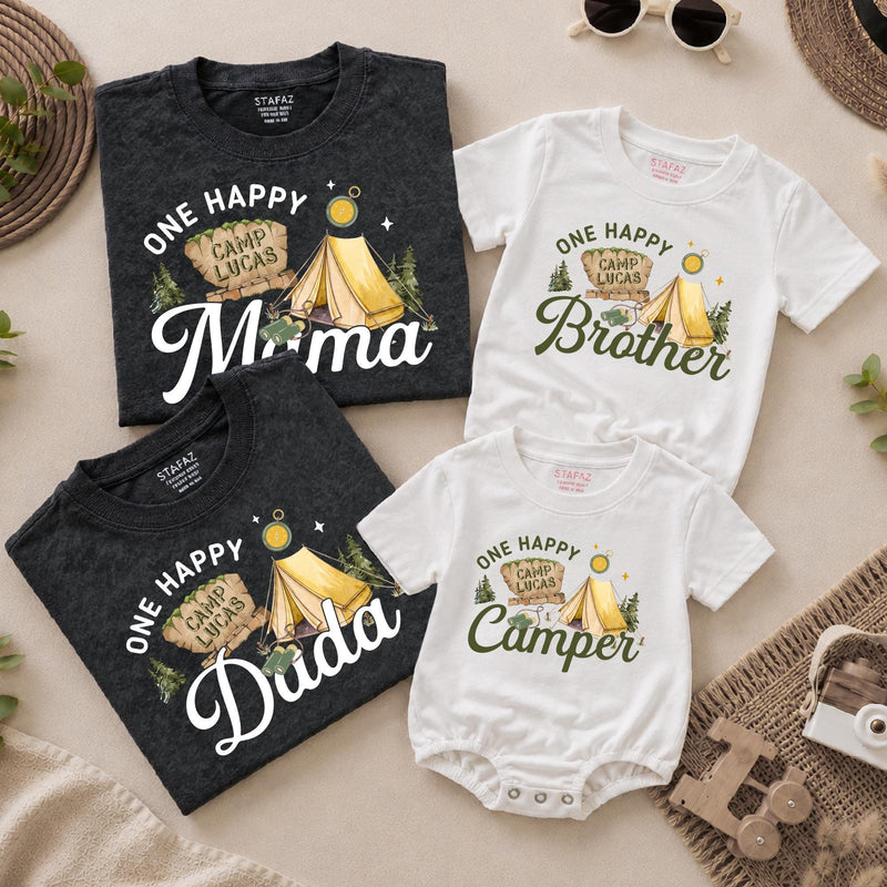Custom One Happy Camper Family Shirts with Tent Design, Baby Romper, Kids' Tee, Adult T-Shirt for First Birthday or Outdoor Events
