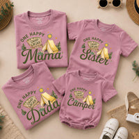 Custom One Happy Camper Family Shirts with Tent Design, Baby Romper, Kids' Tee, Adult T-Shirt for First Birthday or Outdoor Events