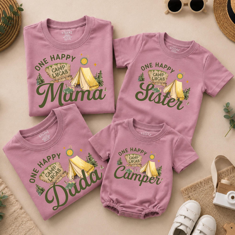Custom One Happy Camper Family Shirts with Tent Design, Baby Romper, Kids' Tee, Adult T-Shirt for First Birthday or Outdoor Events