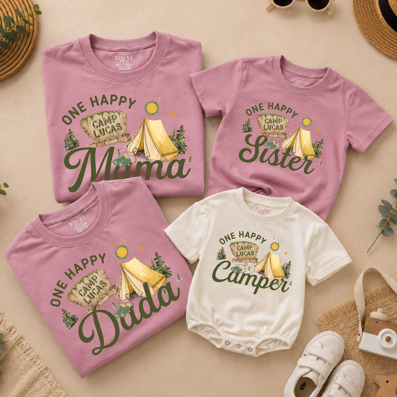 Custom One Happy Camper Family Shirts with Tent Design, Baby Romper, Kids' Tee, Adult T-Shirt for First Birthday or Outdoor Events