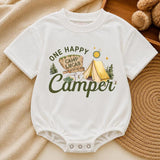 Custom One Happy Camper Family Shirts with Tent Design, Baby Romper, Kids' Tee, Adult T-Shirt for First Birthday or Outdoor Events