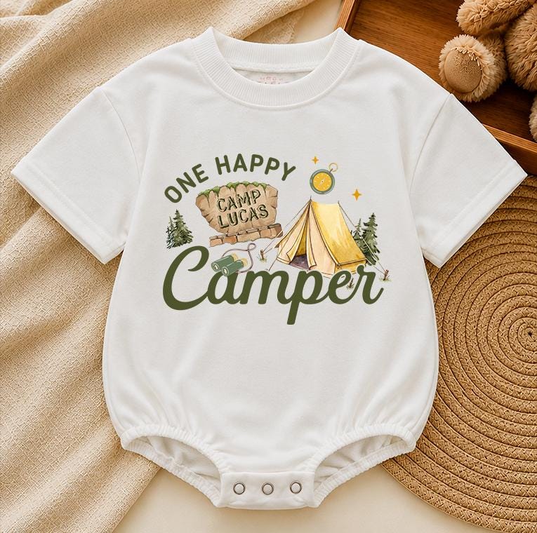 Custom One Happy Camper Family Shirts with Tent Design, Baby Romper, Kids' Tee, Adult T-Shirt for First Birthday or Outdoor Events
