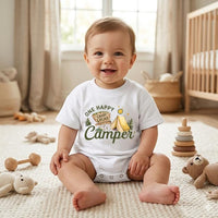 Custom One Happy Camper Family Shirts with Tent Design, Baby Romper, Kids' Tee, Adult T-Shirt for First Birthday or Outdoor Events