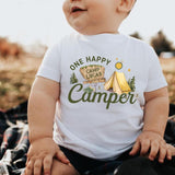 Custom One Happy Camper Family Shirts with Tent Design, Baby Romper, Kids' Tee, Adult T-Shirt for First Birthday or Outdoor Events