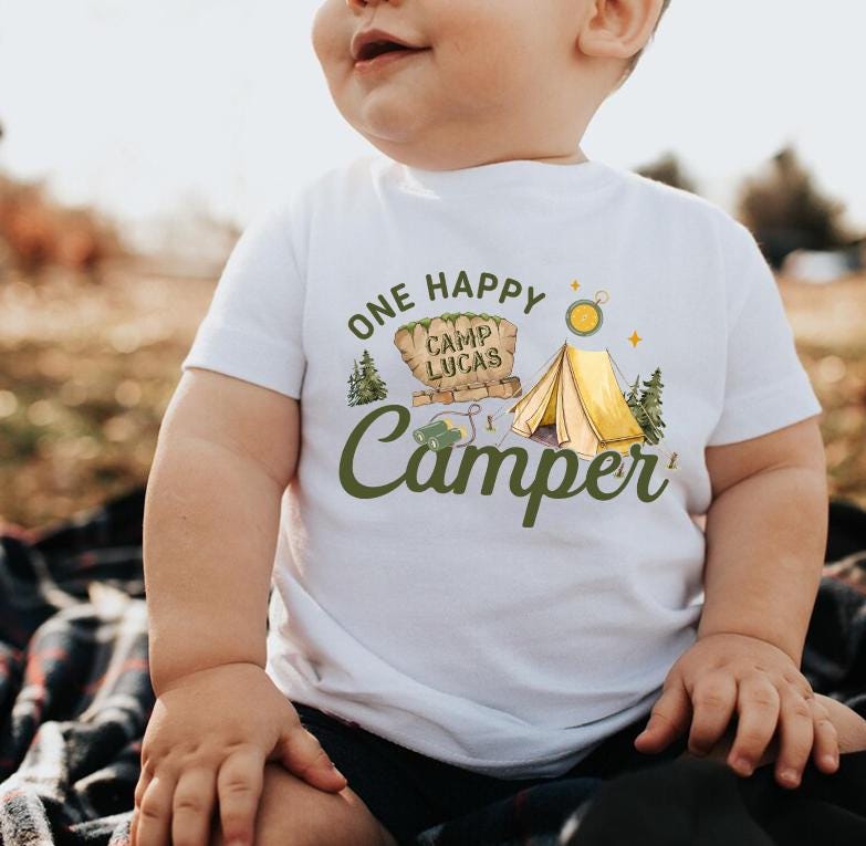Custom One Happy Camper Family Shirts with Tent Design, Baby Romper, Kids' Tee, Adult T-Shirt for First Birthday or Outdoor Events
