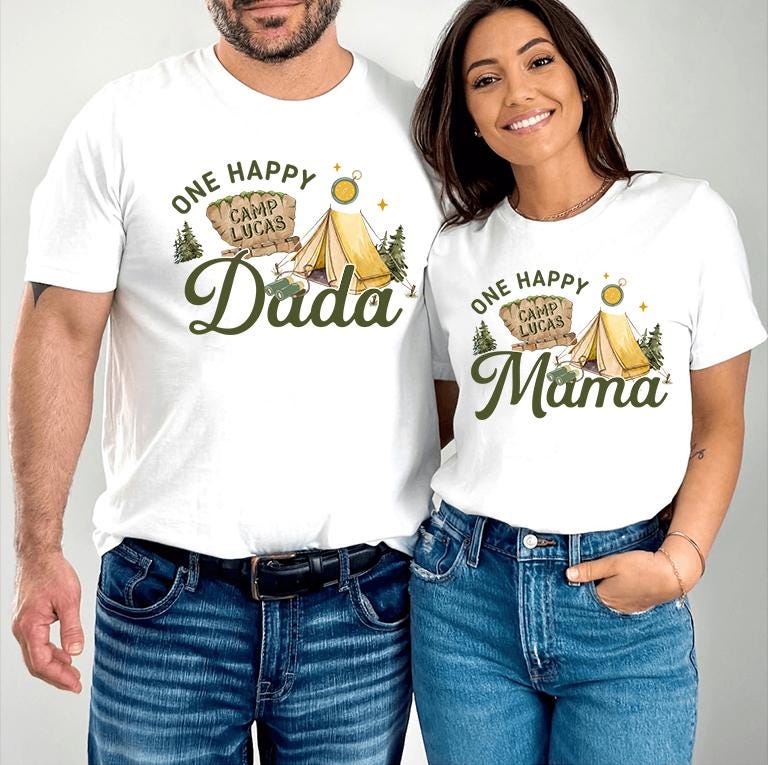 Custom One Happy Camper Family Shirts with Tent Design, Baby Romper, Kids' Tee, Adult T-Shirt for First Birthday or Outdoor Events
