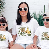 Custom One Happy Camper Family Shirts with Tent Design, Baby Romper, Kids' Tee, Adult T-Shirt for First Birthday or Outdoor Events