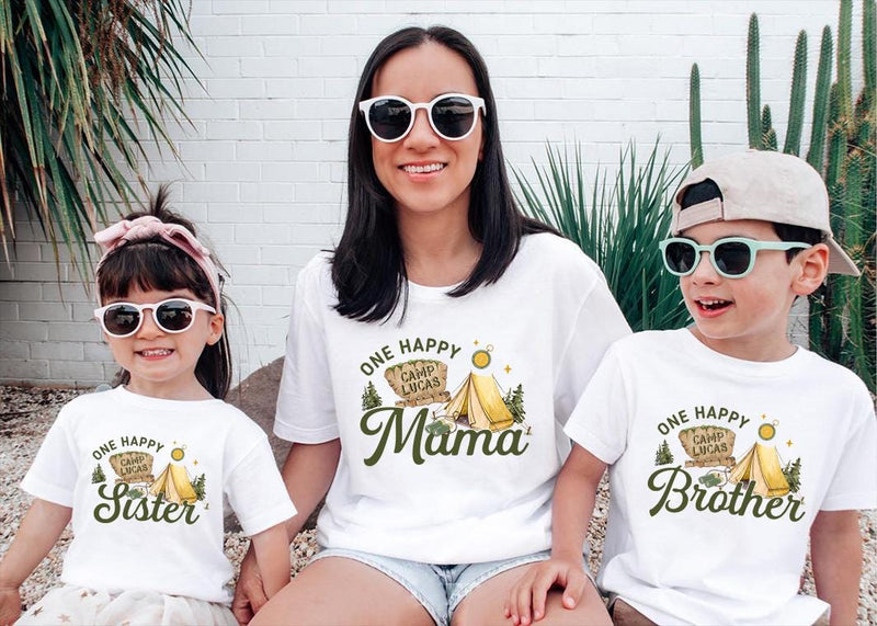Custom One Happy Camper Family Shirts with Tent Design, Baby Romper, Kids' Tee, Adult T-Shirt for First Birthday or Outdoor Events