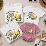 Custom One Happy Camper Family Shirts with Tent Design, Baby Romper, Kids' Tee, Adult T-Shirt for First Birthday or Outdoor Events