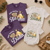 Custom One Happy Camper Family Shirts with Tent Design, Baby Romper, Kids' Tee, Adult T-Shirt for First Birthday or Outdoor Events