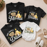 Custom One Happy Camper Family Shirts with Tent Design, Baby Romper, Kids' Tee, Adult T-Shirt for First Birthday or Outdoor Events