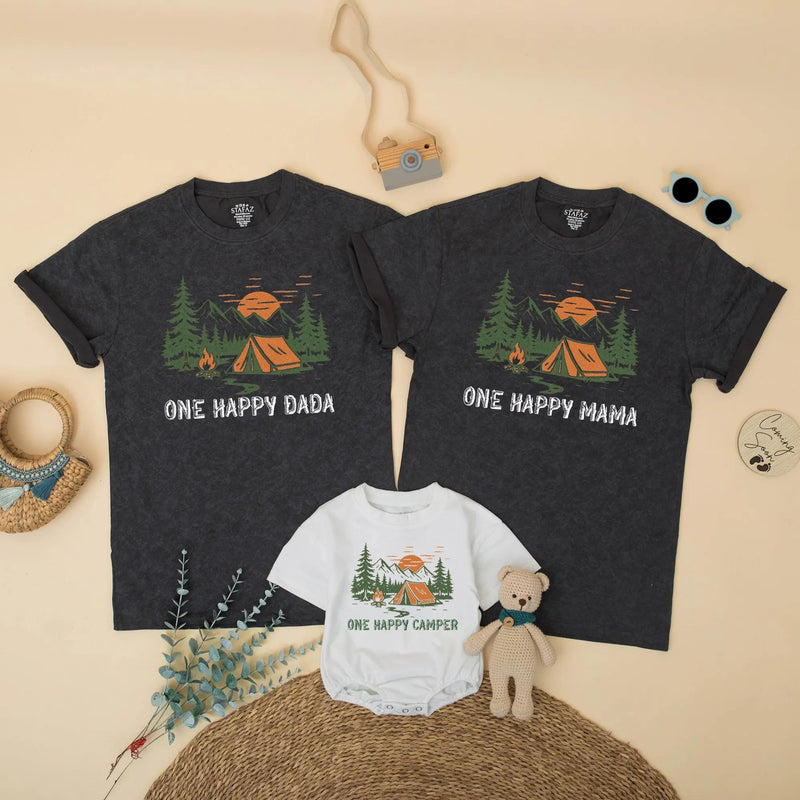 Custom One Happy Camper First Birthday Shirt for Baby or Toddler, Family Outdoor Adventure Outfit Matching Camping Birthday Gift