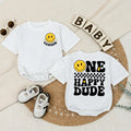 Custom One Happy Dude Baby Romper with Retro Smiley Face, Personalized Name, Soft Cotton Long Sleeve Outfit for Baby Boy 1st Birthday Gift