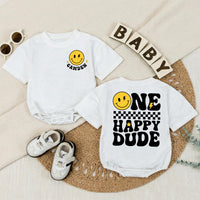 Custom One Happy Dude Baby Romper with Retro Smiley Face, Personalized Name, Soft Cotton Long Sleeve Outfit for Baby Boy 1st Birthday Gift
