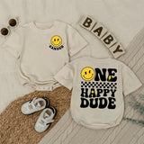 Custom One Happy Dude Baby Romper with Retro Smiley Face, Personalized Name, Soft Cotton Long Sleeve Outfit for Baby Boy 1st Birthday Gift