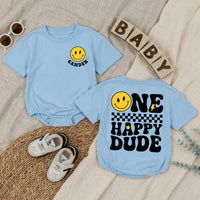 Custom One Happy Dude Baby Romper with Retro Smiley Face, Personalized Name, Soft Cotton Long Sleeve Outfit for Baby Boy 1st Birthday Gift