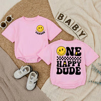 Custom One Happy Dude Baby Romper with Retro Smiley Face, Personalized Name, Soft Cotton Long Sleeve Outfit for Baby Boy 1st Birthday Gift