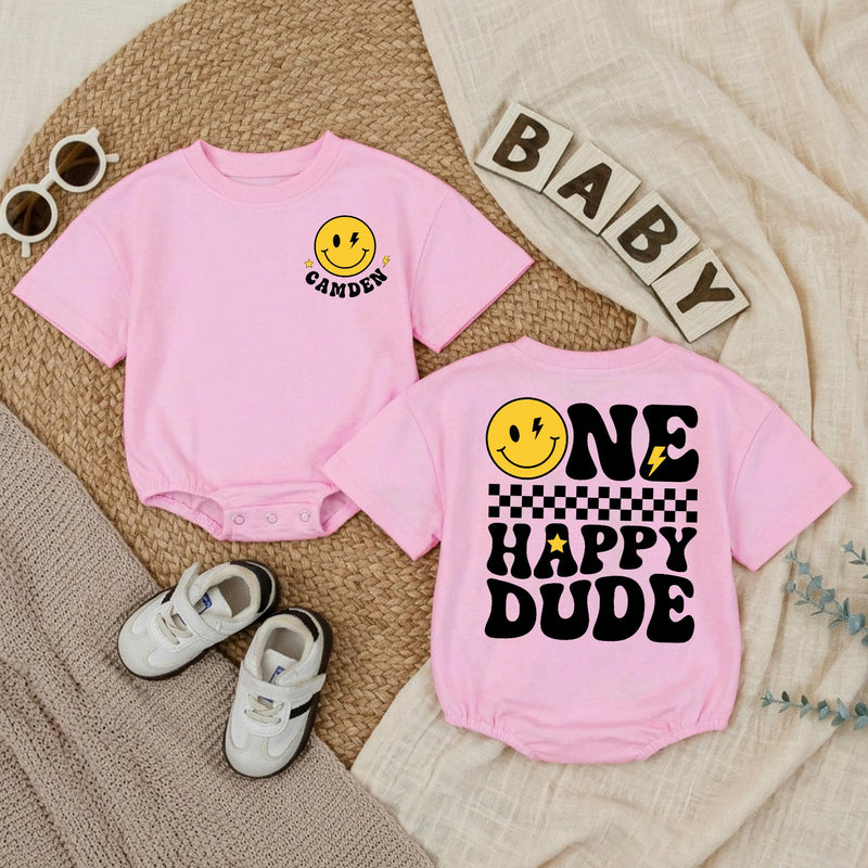 Custom One Happy Dude Baby Romper with Retro Smiley Face, Personalized Name, Soft Cotton Long Sleeve Outfit for Baby Boy 1st Birthday Gift